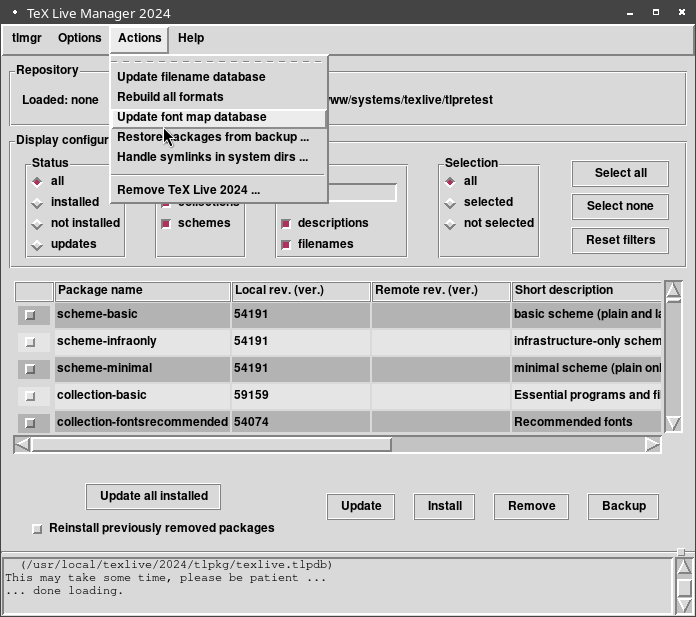 Legacy tlmgr GUI mode: main window, after ‘Load’